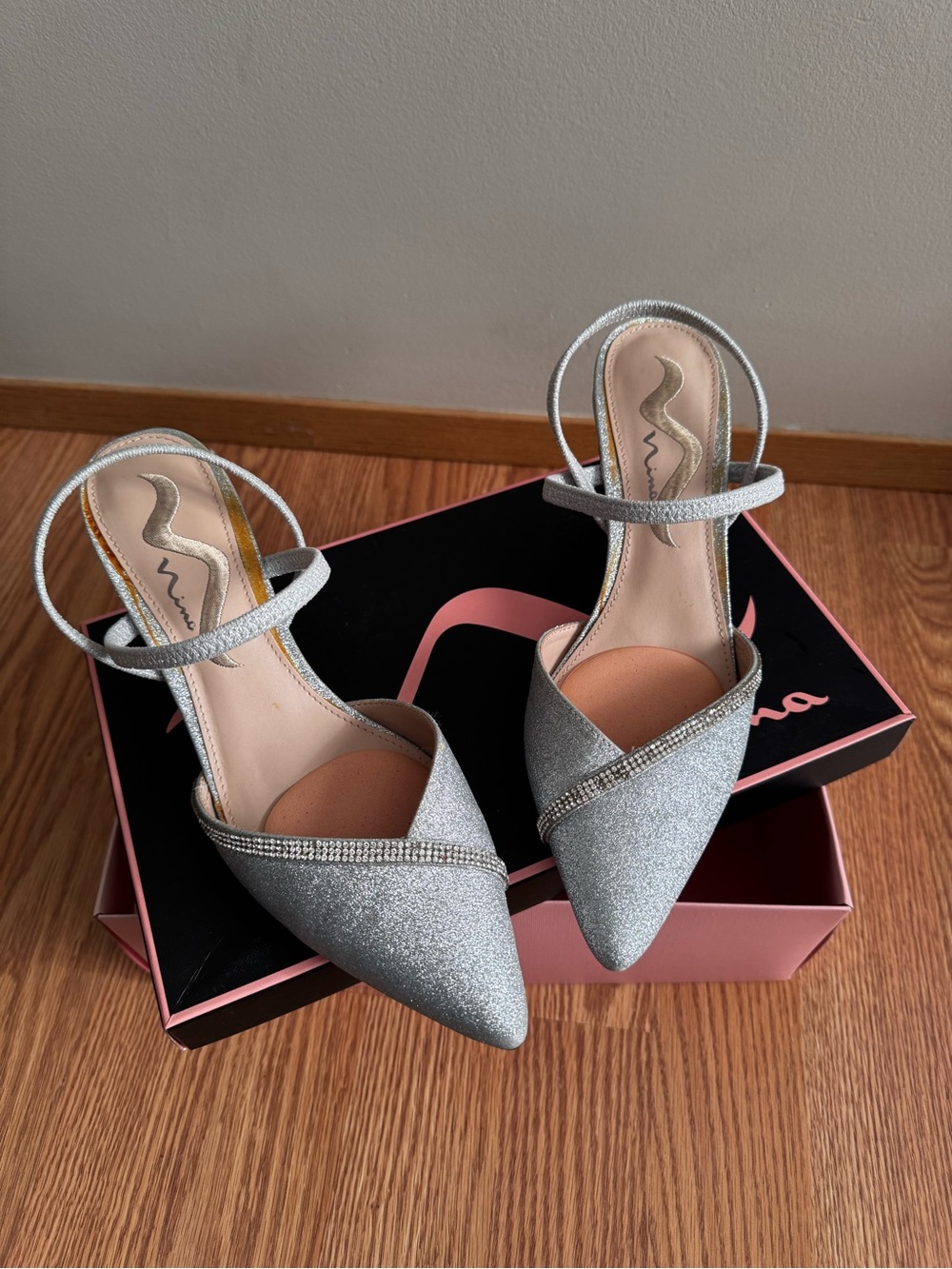 Nina Silver Glitter Pointed-Toe Ankle Strap Heels